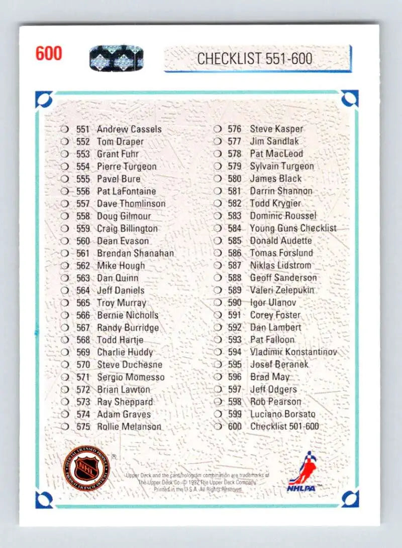 1991-92 Upper Deck Hockey Card checklist 551-600 with player names in two columns