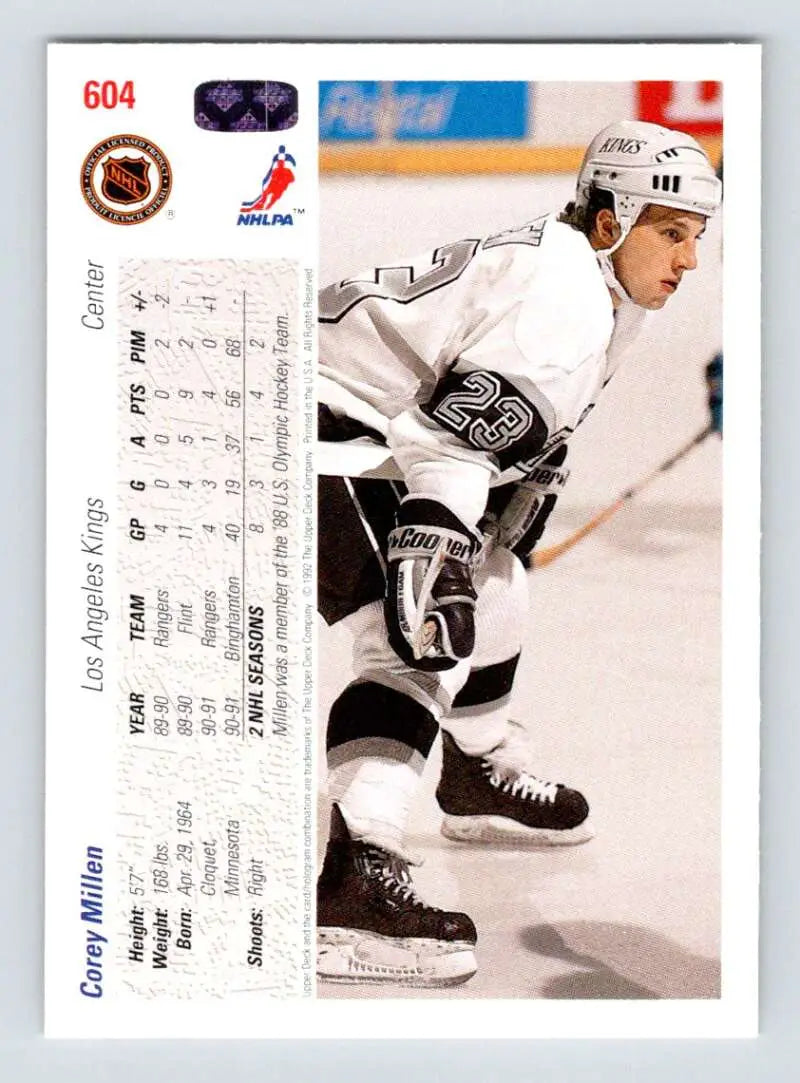 Hockey trading card of Corey Millen, Los Angeles Kings player in white jersey 23