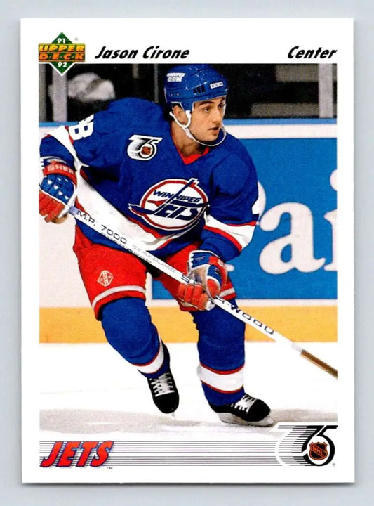 Hockey player in blue Winnipeg Jets jersey showcasing Jason Cirone rookie hockey card
