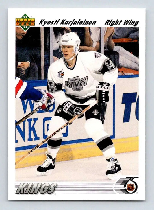 Hockey player in a white Los Angeles Kings jersey, Kyosti Karjalainen Upper Deck card
