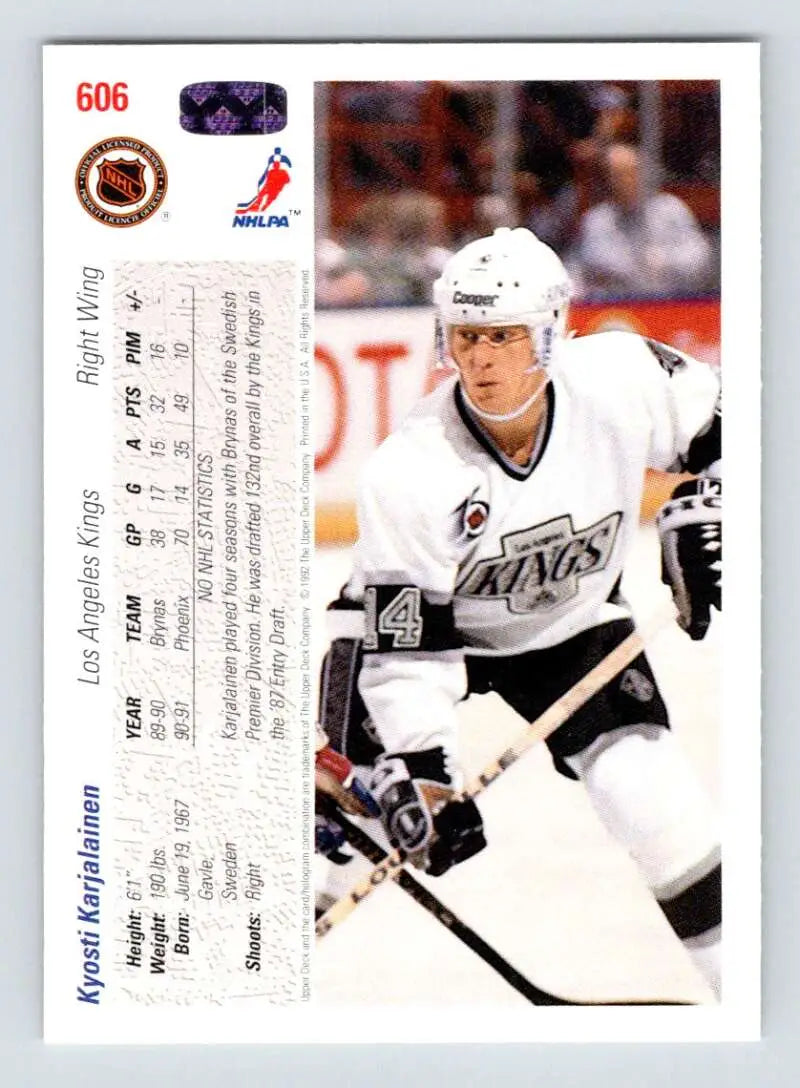 Hockey trading card of Kyosti Karjalainen in Los Angeles Kings white jersey by Upper Deck