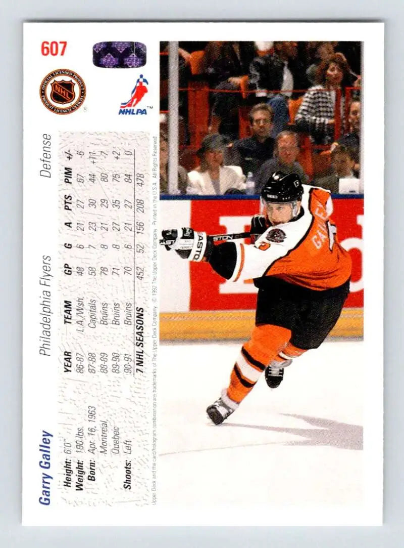 Hockey player Garry Galley in Philadelphia Flyers uniform on ice for Upper Deck card