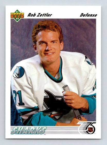 Hockey player in white San Jose Sharks jersey on 1991-92 Upper Deck Rob Zettler card