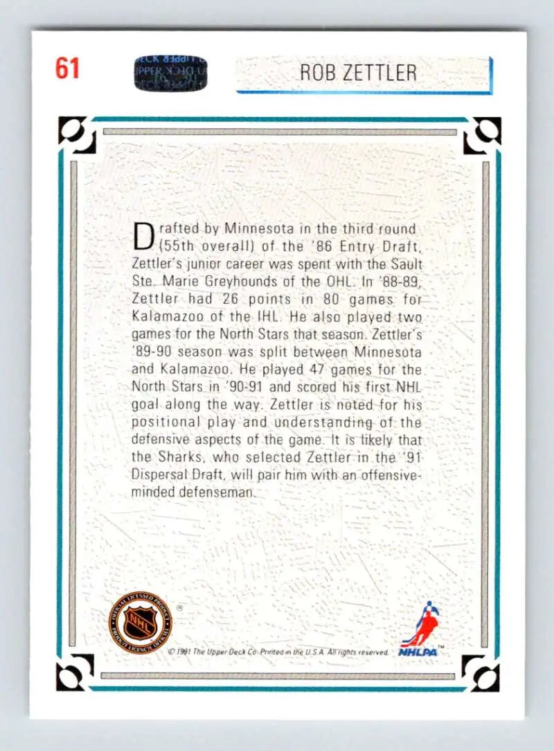 Rob Zettler drafted by Minnesota North Stars on 1991-92 Upper Deck hockey card