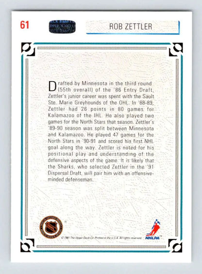 Rob Zettler drafted by Minnesota North Stars on 1991-92 Upper Deck hockey card