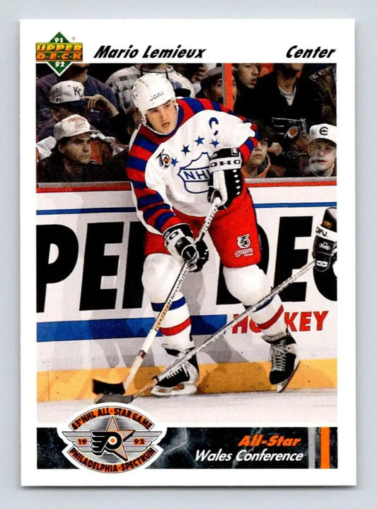 Hockey player in white jersey skating, featuring Mario Lemieux’s Upper Deck Hockey Card