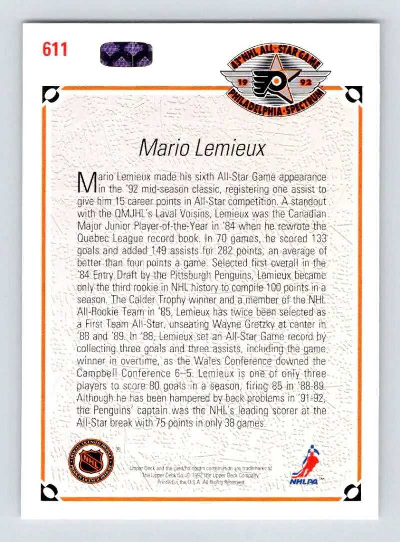Hockey card featuring Mario Lemieux biography from 1991-92 Upper Deck #611