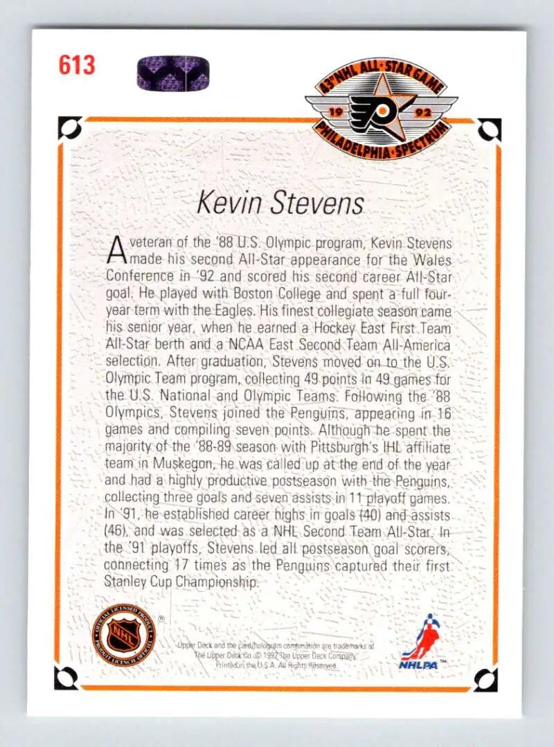 Hockey card featuring Kevin Stevens and Pittsburgh Penguins team logos and bio