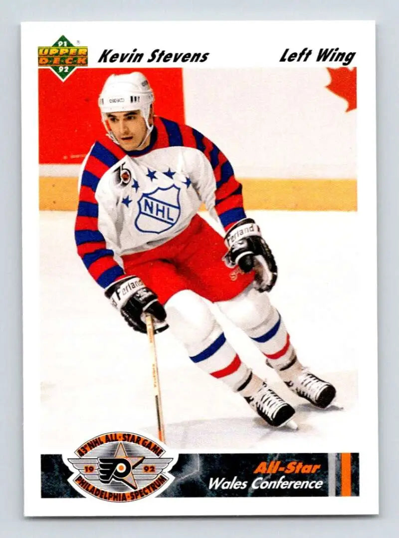 Hockey player in white NHL All-Star jersey skating, featured on Kevin Stevens hockey card