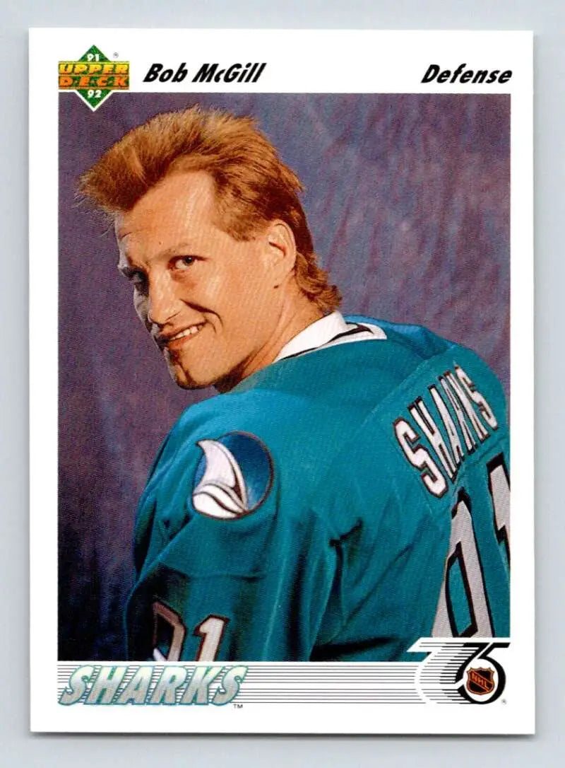 Upper Deck hockey card featuring Bob McGill in a teal San Jose Sharks jersey