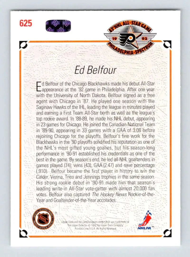 Ed Belfour Chicago Blackhawks hockey card with orange border and NHL logos