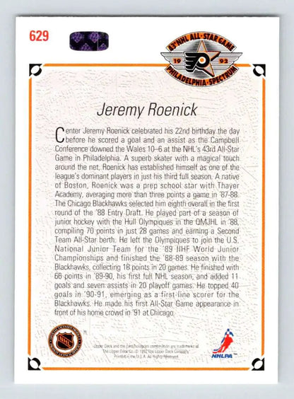 Hockey trading card featuring Jeremy Roenick with Chicago Blackhawks logos and bio