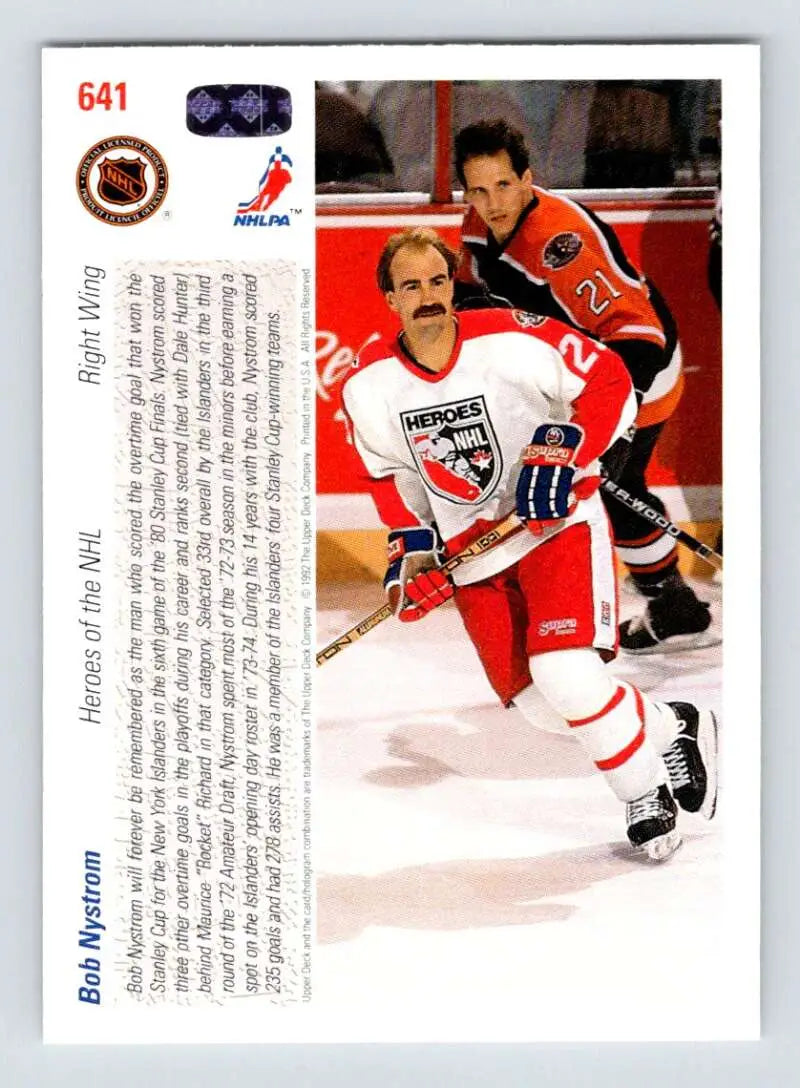 Hockey card of Bob Nystrom in white Panthers jersey skating on ice by Upper Deck