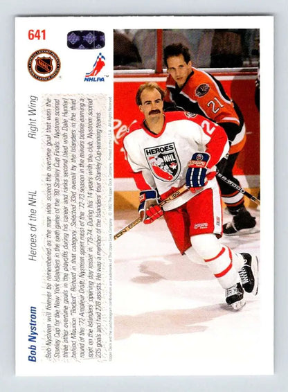 Hockey card of Bob Nystrom in white Panthers jersey skating on ice by Upper Deck