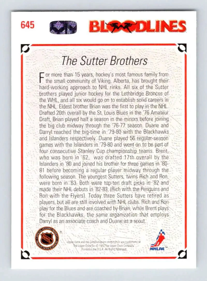 Sutter Brothers hockey card featuring the St. Louis Blues players in 1991-92 season