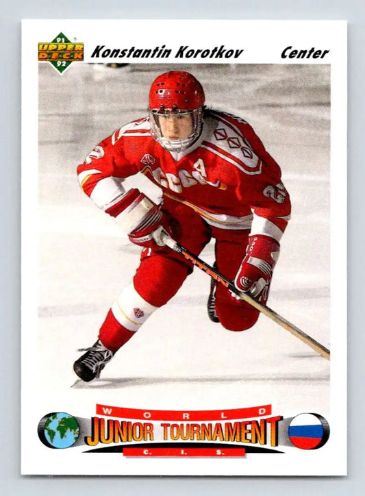 Hockey player in red and white uniform showcasing 1991-92 Upper Deck Konstantin Korotkov card