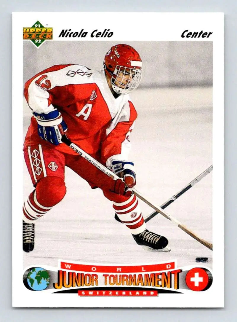 Hockey player in red and white uniform skating on 1991-92 Upper Deck Nicola Celio rookie card