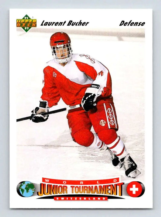 Hockey player Laurent Bucher in red and white uniform on Upper Deck hockey card