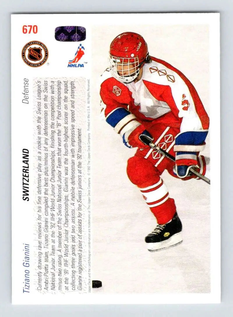 Tiziano Gianini skating in red and blue uniform on 1991-92 Upper Deck hockey card