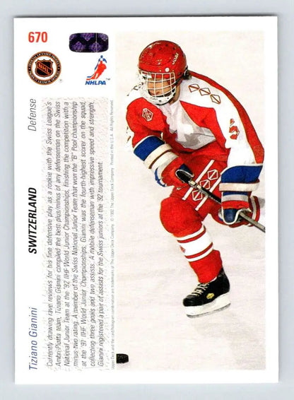 Tiziano Gianini skating in red and blue uniform on 1991-92 Upper Deck hockey card