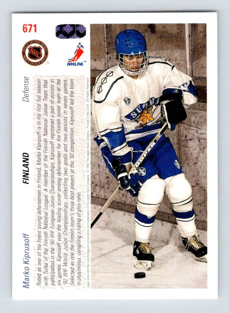 Hockey player Marko Kiprusoff handling a puck on his rookie hockey card