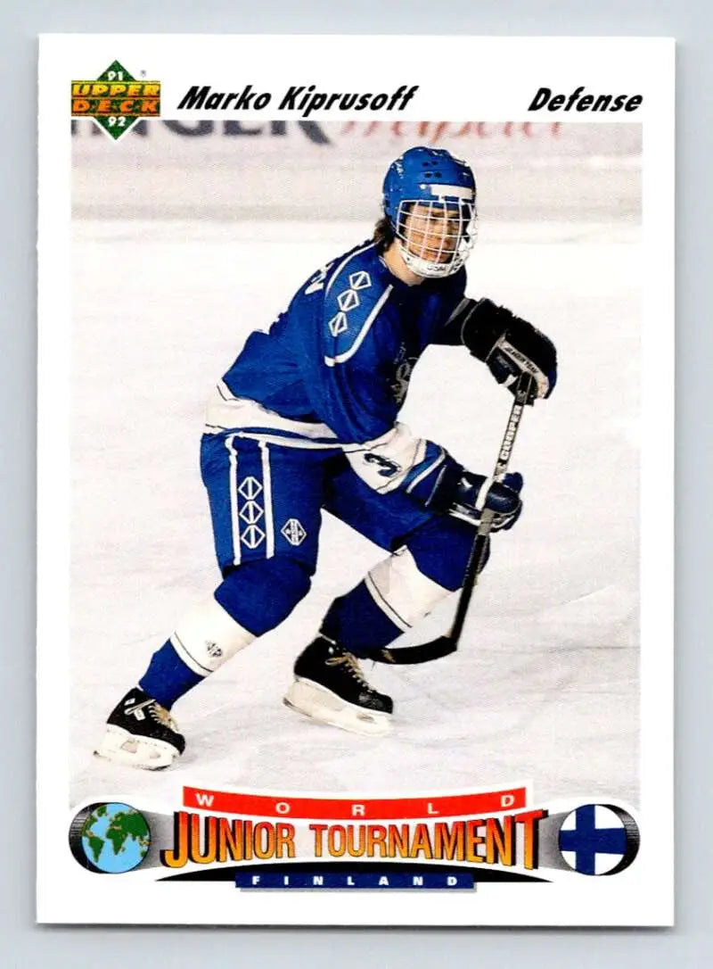 Marko Kiprusoff skating in blue and white uniform on ice for rookie hockey card