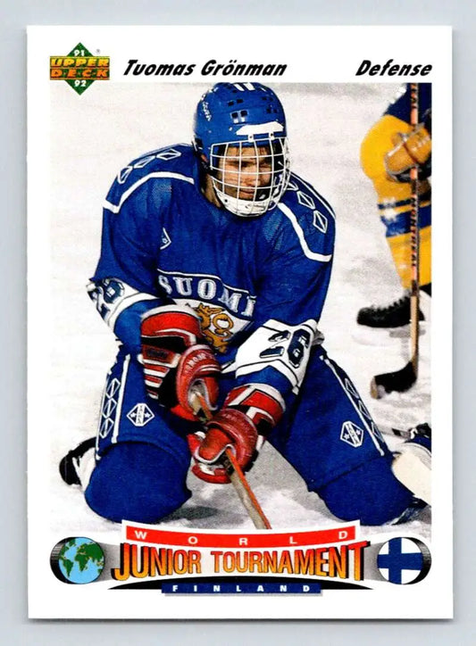 Hockey player in blue Finland jersey with red gloves on 1991-92 Upper Deck Tomas Gronman card