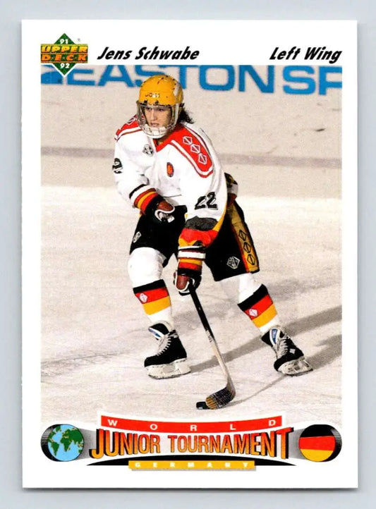 Hockey player in white jersey with red trim, Jens Schwabe rookie hockey card image