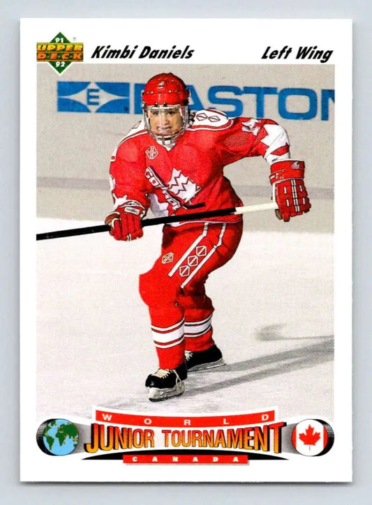 Hockey player in red Team Canada jersey skating, featured on Kimbi Daniels Philadelphia Flyers card