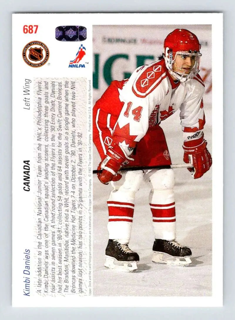 Hockey player Kimbi Daniels in red and white uniform on Philadelphia Flyers hockey card