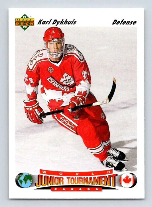 Hockey player in red Team Canada jersey, showcasing Karl Dykhuis Chicago Blackhawks card