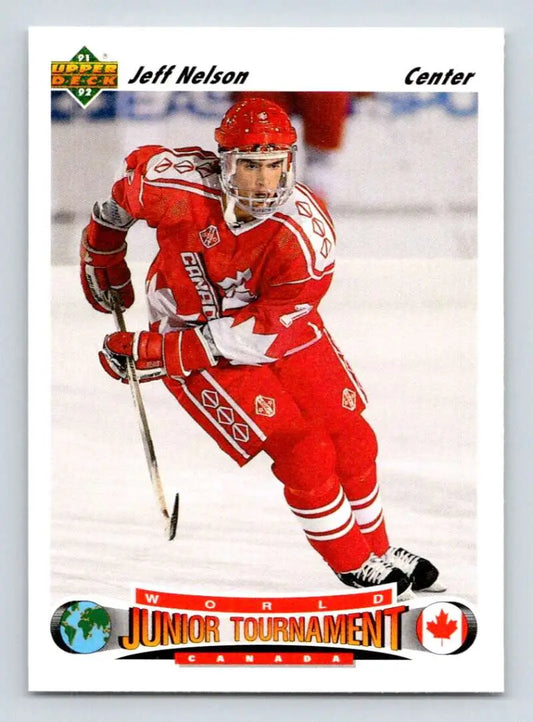 Hockey player in a red and white Team Canada jersey showcasing Jeff Nelson Rookie Hockey Card