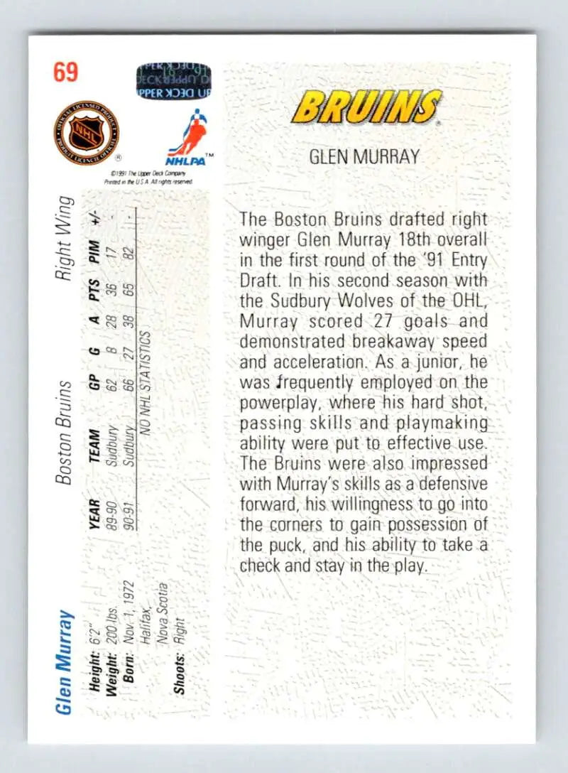 Glen Murray Boston Bruins 1991-92 Upper Deck hockey card featuring player stats