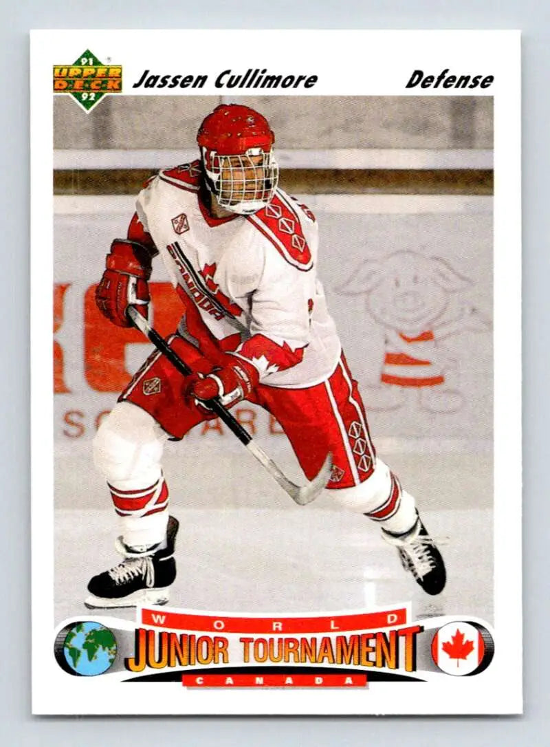 Hockey player in white and red uniform featured on Jassen Cullimore rookie hockey card