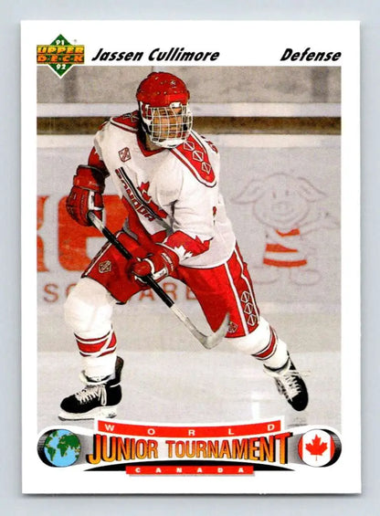 Hockey player in white and red uniform featured on Jassen Cullimore rookie hockey card