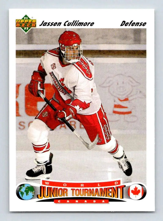 Hockey player in white and red uniform featured on Jassen Cullimore rookie hockey card