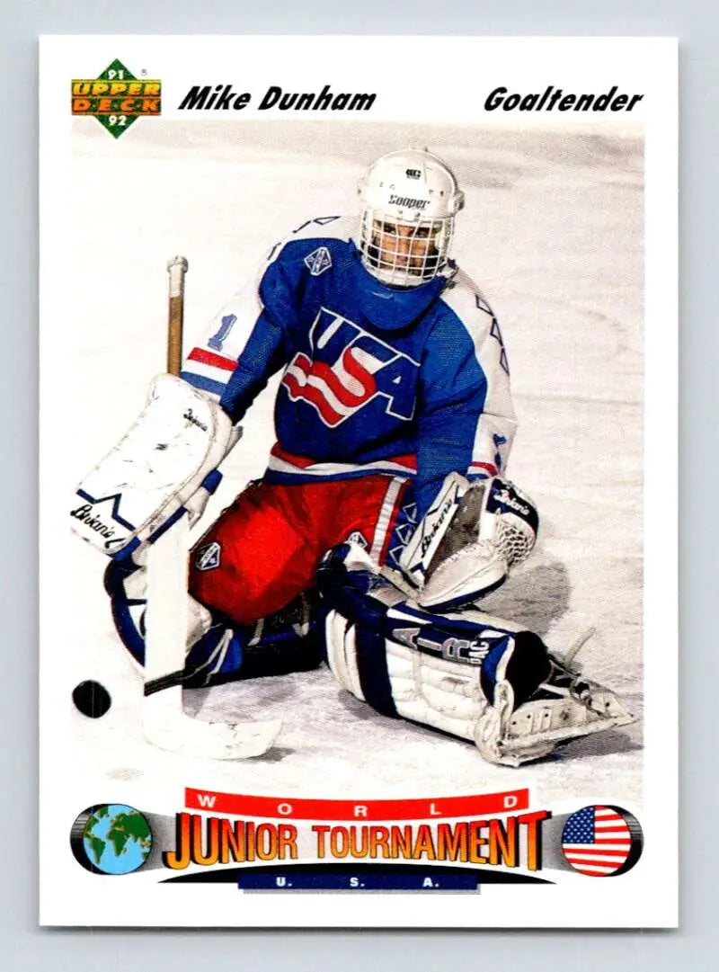 Mike Dunham in red, white, blue Team USA uniform making a save on 1991-92 Upper Deck card