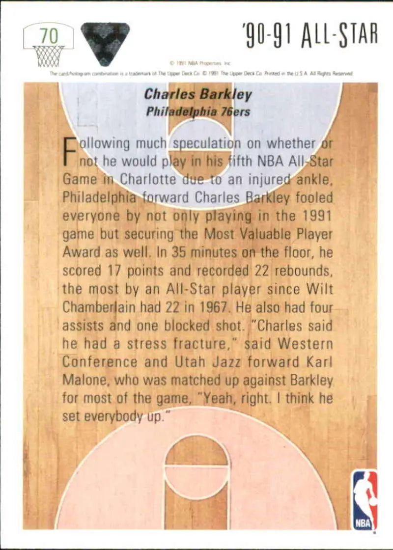 1991-92 Upper Deck Charles Barkley Basketball Card from Philadelphia 76ers All-Star series