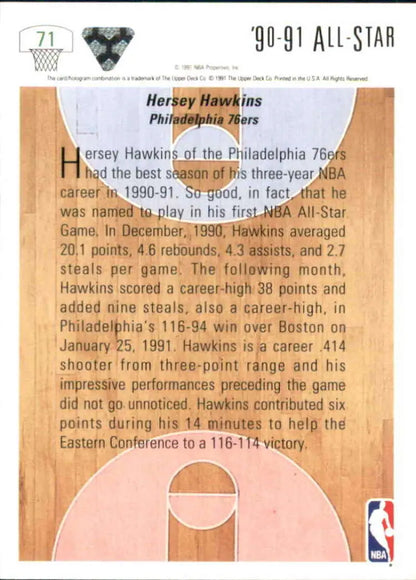 Basketball card featuring Hersey Hawkins stats for the Philadelphia 76ers 1990-91 season