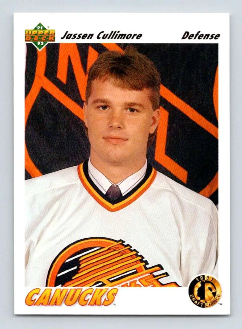 Hockey card of Jassen Cullimore in white Vancouver Canucks jersey by Upper Deck