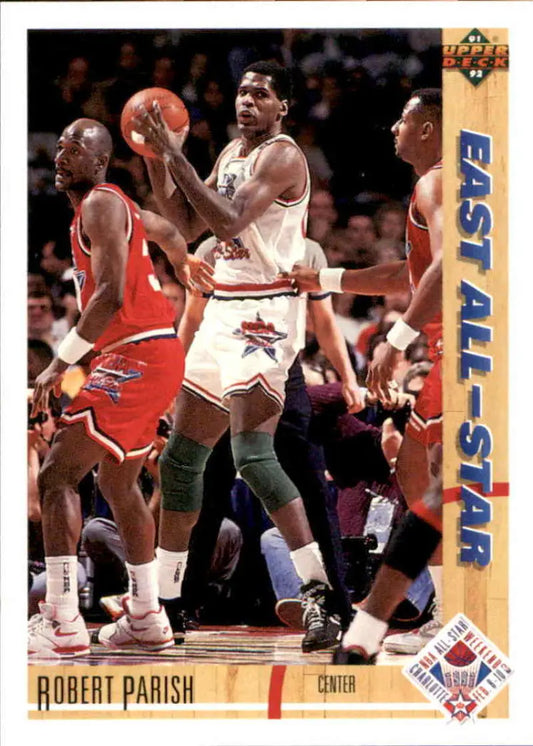 Basketball card of Robert Parish in white uniform for Boston Celtics Eastern Conference All-Star