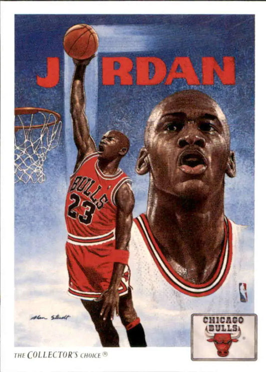 Michael Jordan in Chicago Bulls jersey number 23 dunking a basketball for Upper Deck card