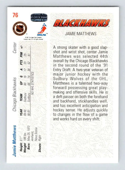 Hockey card featuring Jamie Matthews statistics from the 1991-92 Upper Deck rookie set