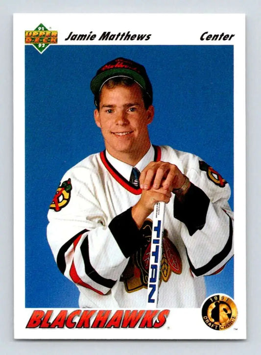Hockey player in Chicago Blackhawks uniform holding stick for Jamie Matthews rookie hockey card
