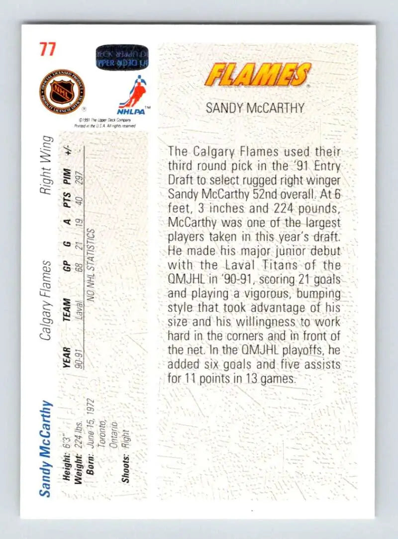 Hockey card featuring Sandy McCarthy from Upper Deck 1991-92 rookie set