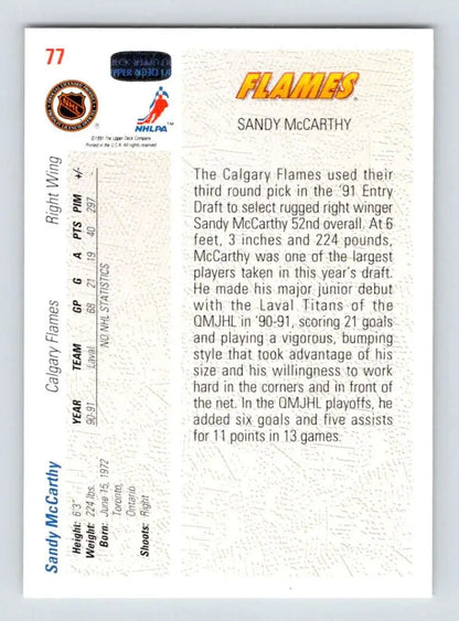 Hockey card featuring Sandy McCarthy from Upper Deck 1991-92 rookie set