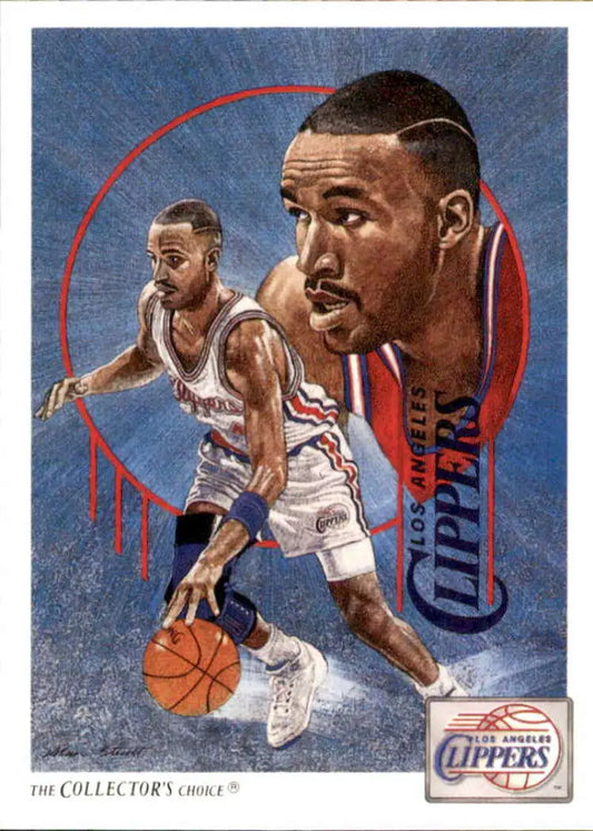 Artistic basketball illustration of Los Angeles Clippers player dribbling in white uniform