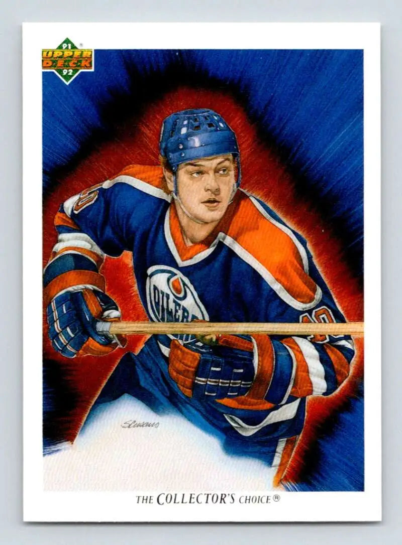 Hockey player in Edmonton Oilers jersey with stick, representing Esa Tikkanen hockey card
