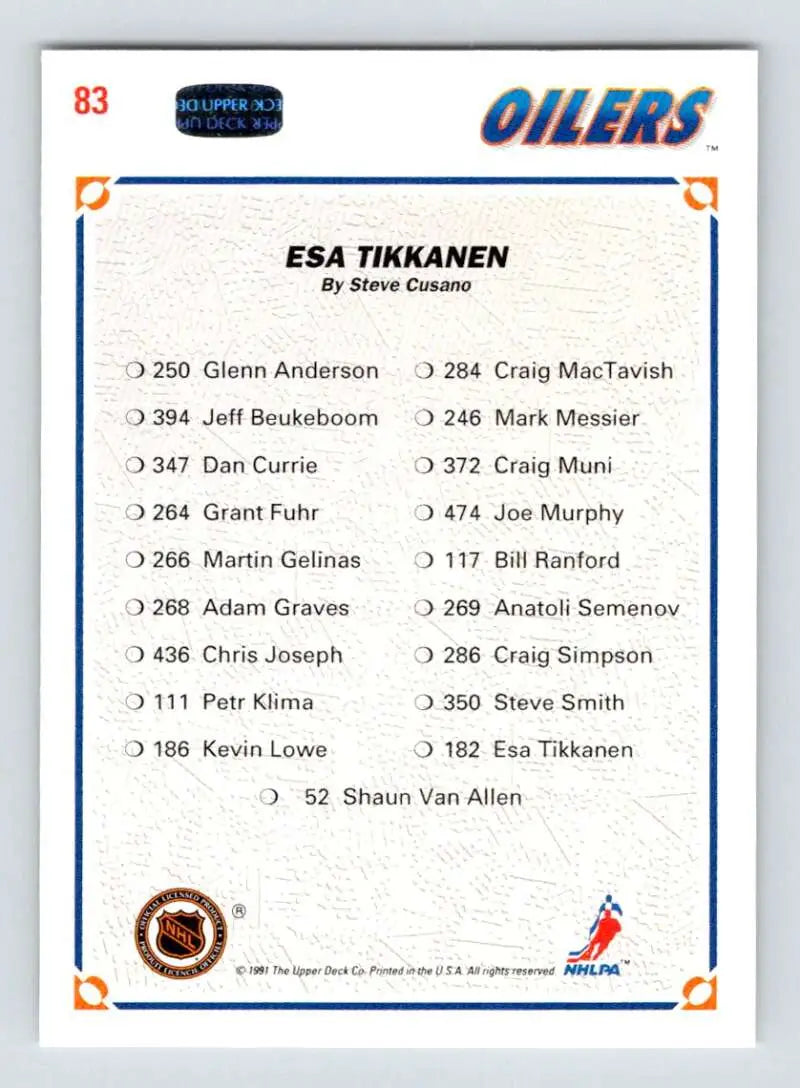 Hockey card featuring Esa Tikkanen and Edmonton Oilers team roster details