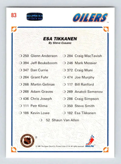 Hockey card featuring Esa Tikkanen and Edmonton Oilers team roster details